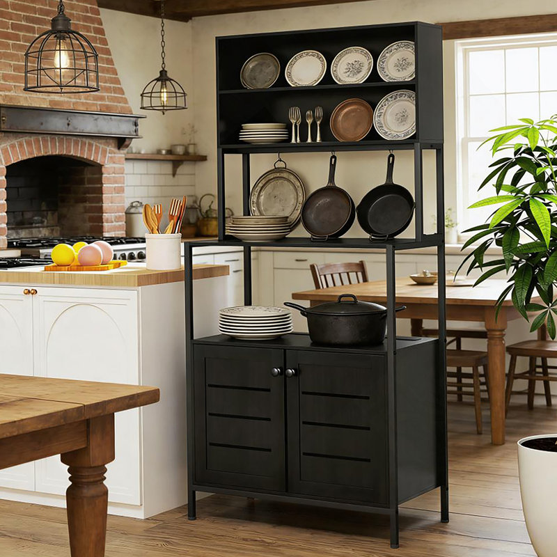 Convenient Coffee Station,Rack With Power Outlet And Storage Shelves, Black