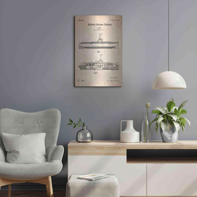 «Submarine Blueprint Brevet Parchment», art mural en métal, 16 po x 24 po