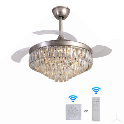 Ventilateur de plafond en cristal de 42 pouces avec lustre en cristal argenté avec télécommande 6 vitesses et 3 changements de couleurs, ventilateurs rétractables à 3 pales pour le salon de la chambre à coucher