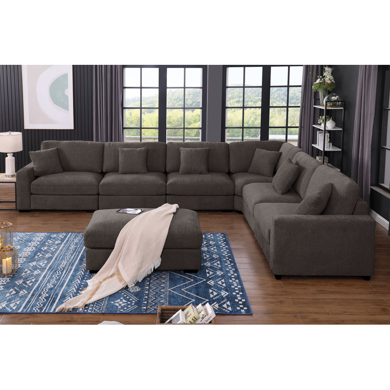 Modular Large 7 Seats Corner Sectional Sofa Comfy Cloud Couch With Movable Ottoman, Dark Gray Chenille