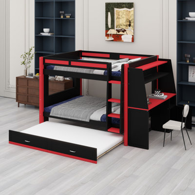 Structure de lit superposé tout-en-un comprenant un bureau et des tablettes intégrés, un éclairage à DEL ambiant et un lit gigogne pratique