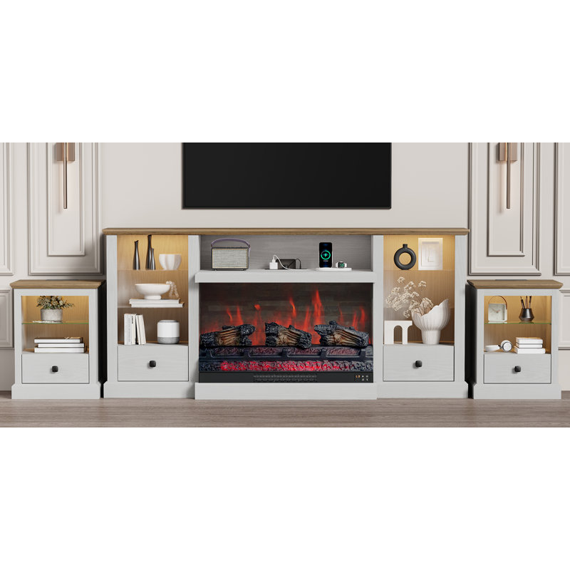 Electric Fireplaces 59" TV Stands with Charging Station for TVs Up To 80'', Wooden LED Entertainment Centers With Electric Fireplaces & Multi-functions Console Tables