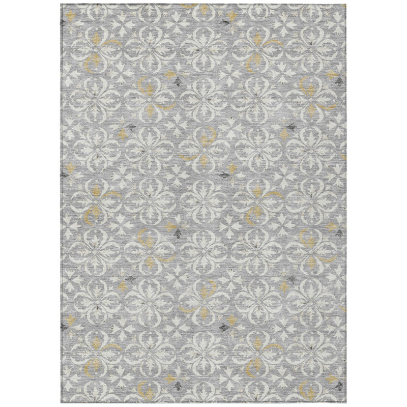 Tapis extérieur lavable floral gris ivoire et brun 10 pi x 14 pi