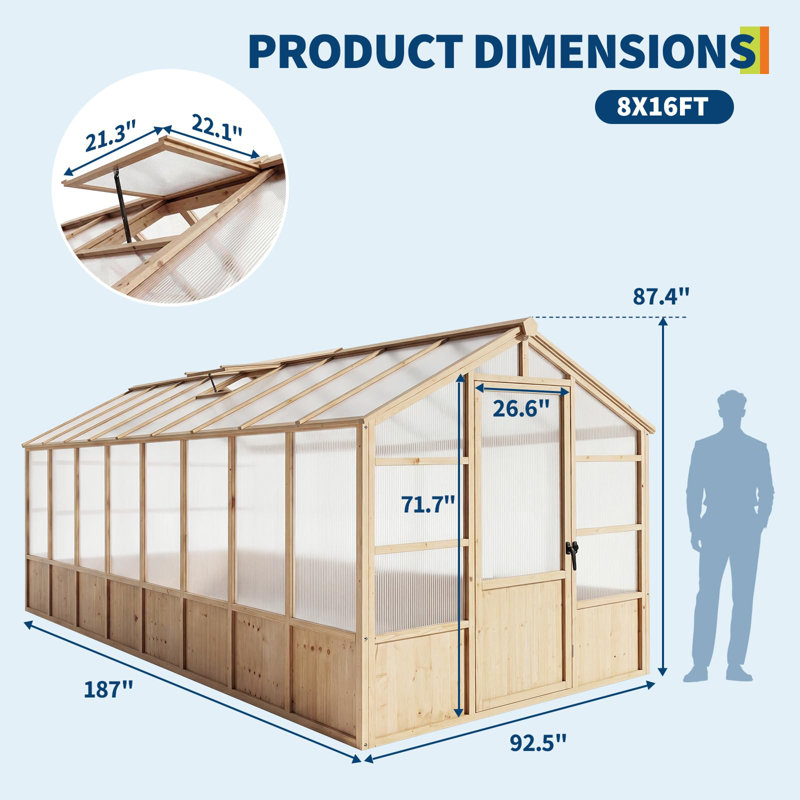 Large Cedar Wood Walk-In Greenhouse for Outdoor Garden with Lockable Door, Adjustable Roof Vent, Polycarbonate Panels & UV Protection for Backyard or Patio, 8x16 FT (Light Brown)