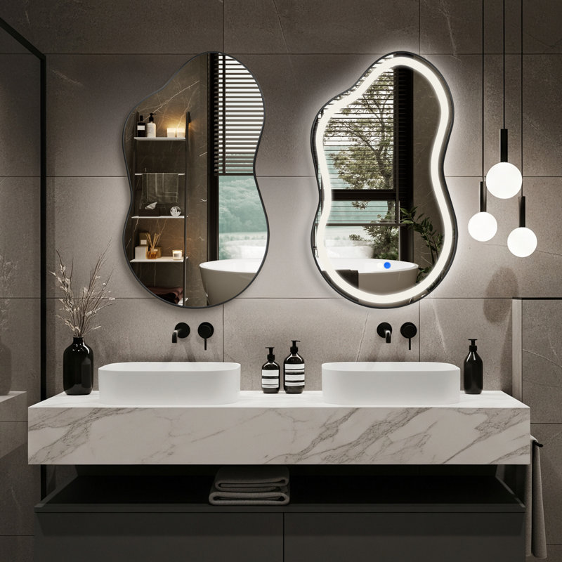 Cloud Shaped Wall Mirror Set, Led Mirror And Accent Mirror, 46" x 26", Black