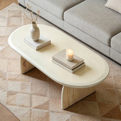 Table basse ovale en bois massif blanc crème