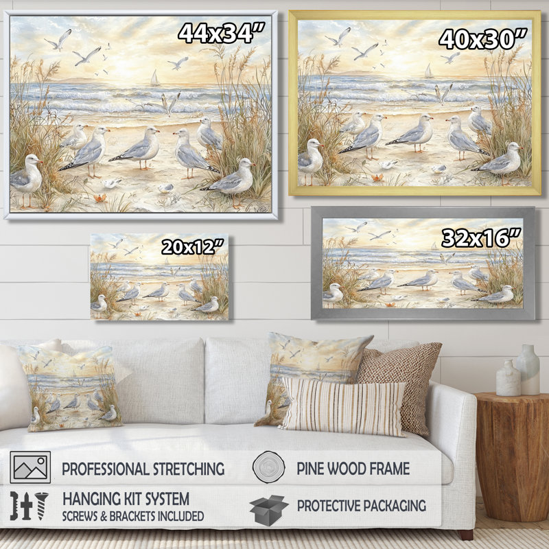 Mouettes sur la plage II - reproduction d'art mural plage et océan, H 12 po x l 20 po, Cadre flottant sans passe-partout