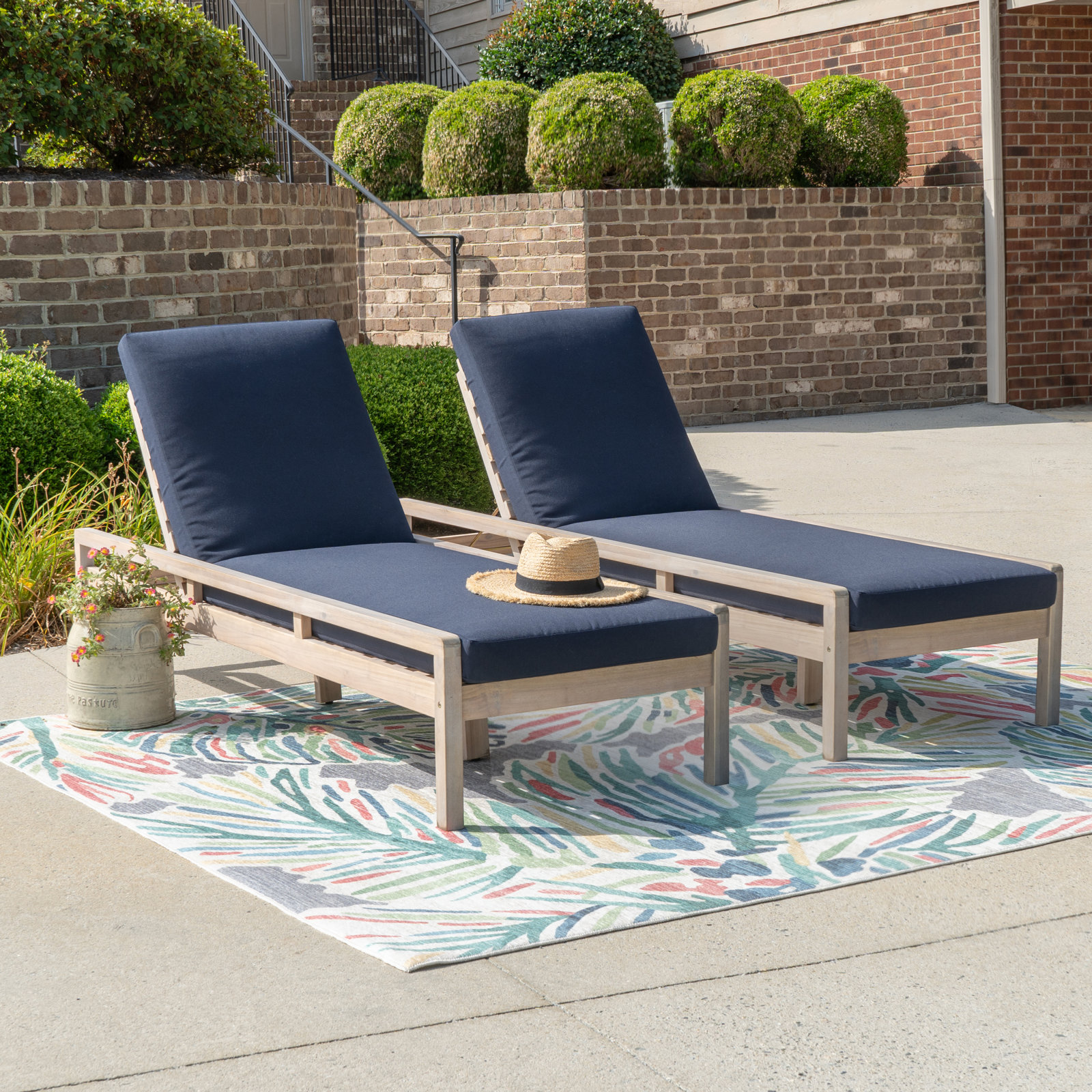 Amina 27" Acacia Patio Chaise Lounge Set, Navy