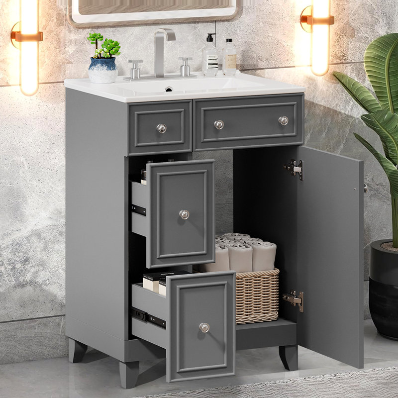 24'' Single Bathroom Vanity with Ceramic Top, Gray