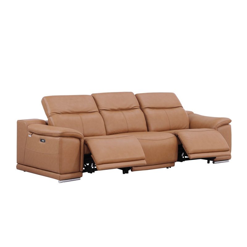 Divanitalia Top Grain Italian Leather Power Reclining Sofa With Dual Recliners, Cognac