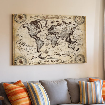 Toile, création d'une carte du monde de style rétro avec art mural détaillé en sépia, illustration aux contours complexes