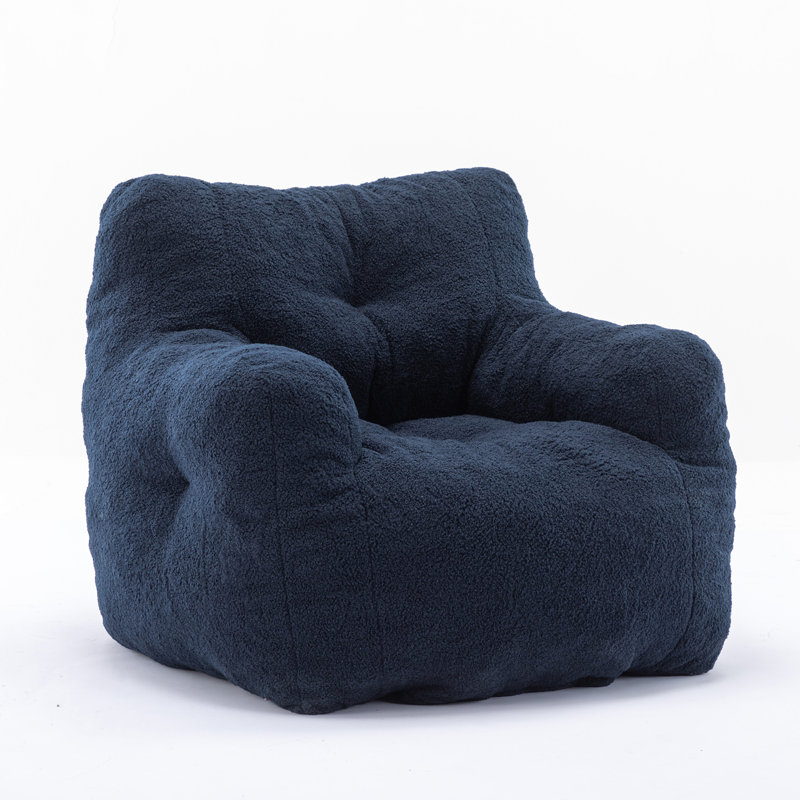 Compression Medium Adult Soft Teddy Fabric Bean Bag Chair With Foam Filled, Dark Blue Faux Fur