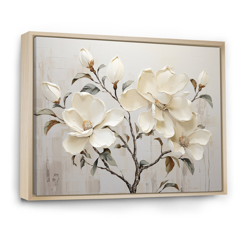 Fleur de magnolia beige et vert - art mural Magnolias, H 34 po x l 44 po x P 1,5 po, Cadre naturel flottant