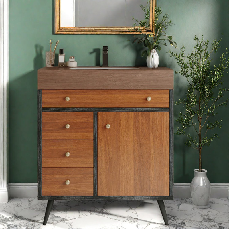 Meuble-lavabo moderne Mid-Century avec lavabo en céramique, comptoir en bois multi-couches et marbre pour la salle de bain