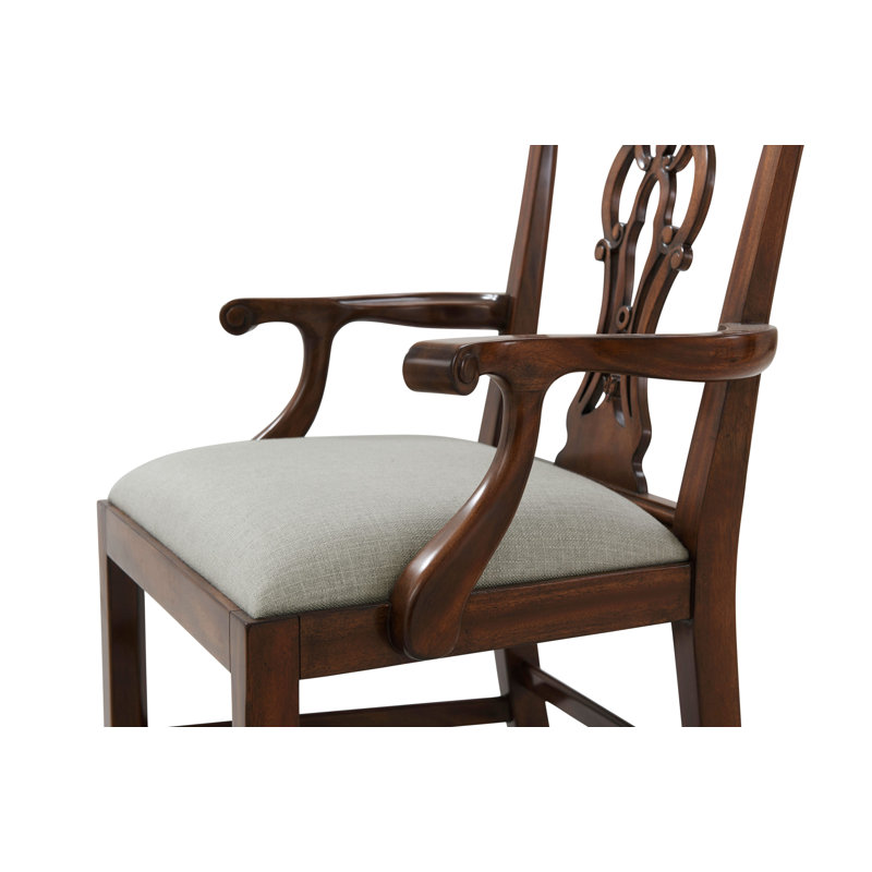Mahogany Chippendale Upholstered Arm Chair with Gray Seat
