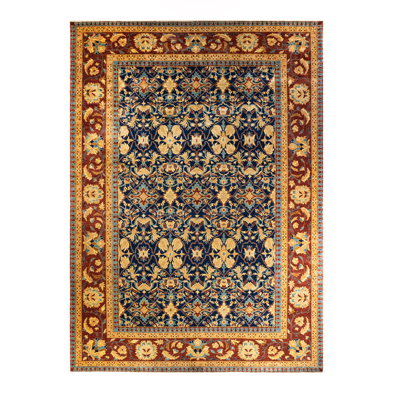 Tapis bleu / brun / beige en laine noué à la main de conception unique 12 pi 3 po x 17 pi 4 po New Age