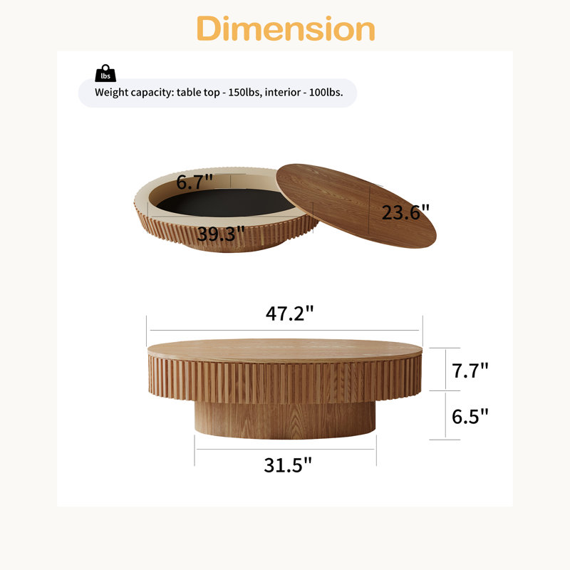 Table basse 47 po ovale avec rangement, Bois naturel