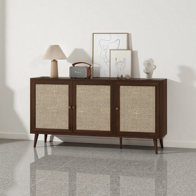 Farini Natural Rattan Buffet Cabinet in Walnut - Large Storage Console for Kitchen, Dining & Entryway, Walnut