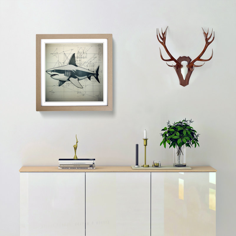 Shark Constructivism - Single Picture Frame Print on Wood, Oak