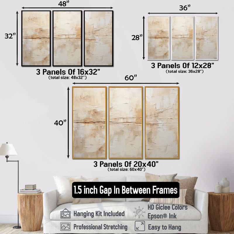 Beige And White Timeless Minimalism - Abstract Wall Decor Set, 40" H x 60" W x 1" D, Maple Floater Framed