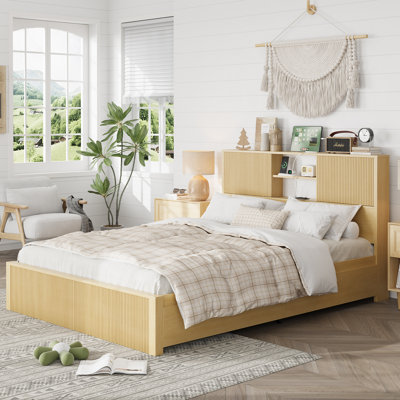 Bed Frame With Bookcase Headboard & 4 Removeable Drawers, Modern Wood Platform Bed With Charging Station, Fluted Panel Bed Frame For Bedroom, Home Off