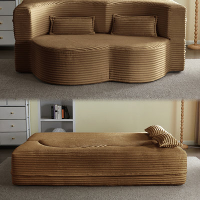 Canapé-lit convertible Camel Full Size en mousse et velours côtelé avec oreillers, idéal pour les invités et la détente dans les petits espaces. Deux couchages.