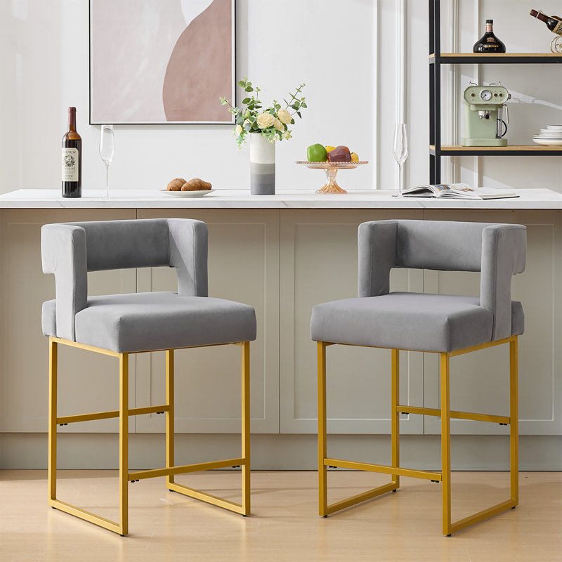 Upholstered 26'' Counter Stool with Metal Frame (Set of 2), Gray, Gold
