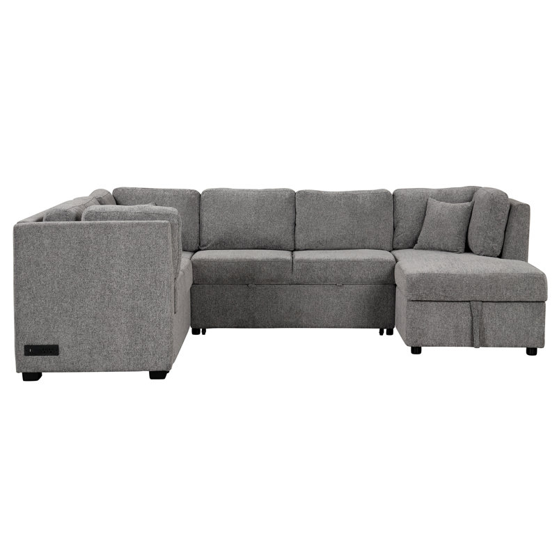 Canapé-lit modulaire en forme de U 108,6 "avec ports USB, prises de courant, trois coussins, Light Gray Chenille