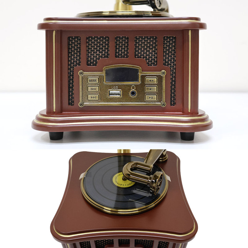Mini haut-parleur Bluetooth de style radio rétro en bois brun foncé, audio stéréo, Bluetooth sans fil, entrée AUX, lecture USB et prise casque 3,5 mm