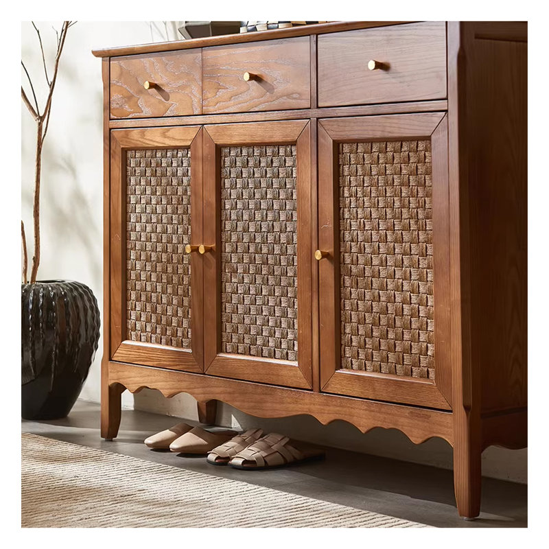 Solid Wood Shoe Cabinet with Paper Fiber Cord and 3 Drawers