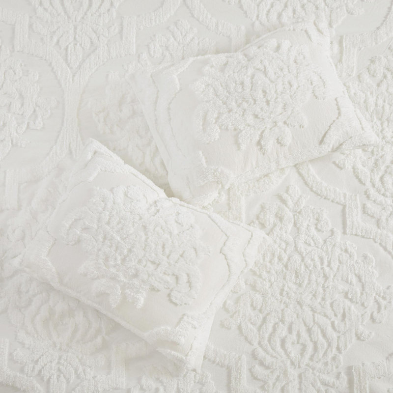 Ensemble d'édredon en coton touffeté 3 pièces, Édredon double + 2 taies décoratives standards, Blanc cassé