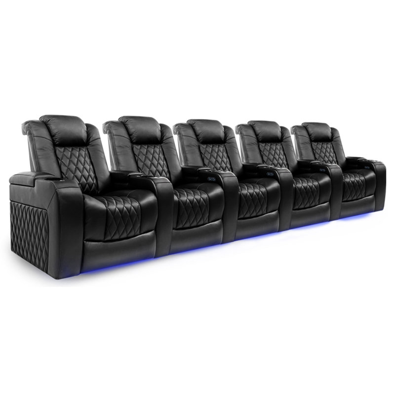 Siège de cinéma inclinable électrique en cuir véritable de 160,5 po de largeur avec porte-gobelet, Cuir véritable noir