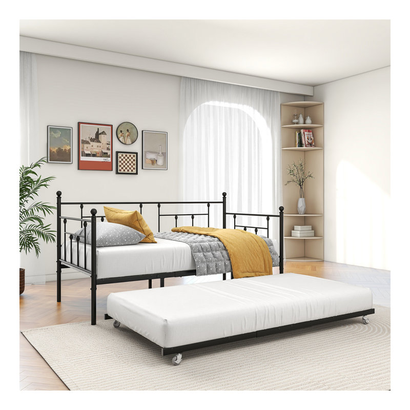 Twin Size Daybed Metal Frame with Trundle Set, Twin Day Bed Sofa, Daybed and Roll Sofa Bed for Guest Room, Bedroom, Living Room, Victorian Style, Black