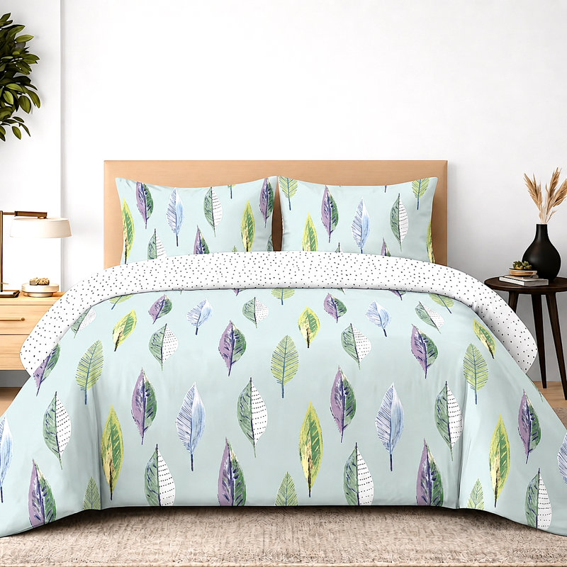 Loire Scandi Leaf Reversible Duvet Cover Set with Pillowcases Quilt Cover Soft and Breathable, Off White