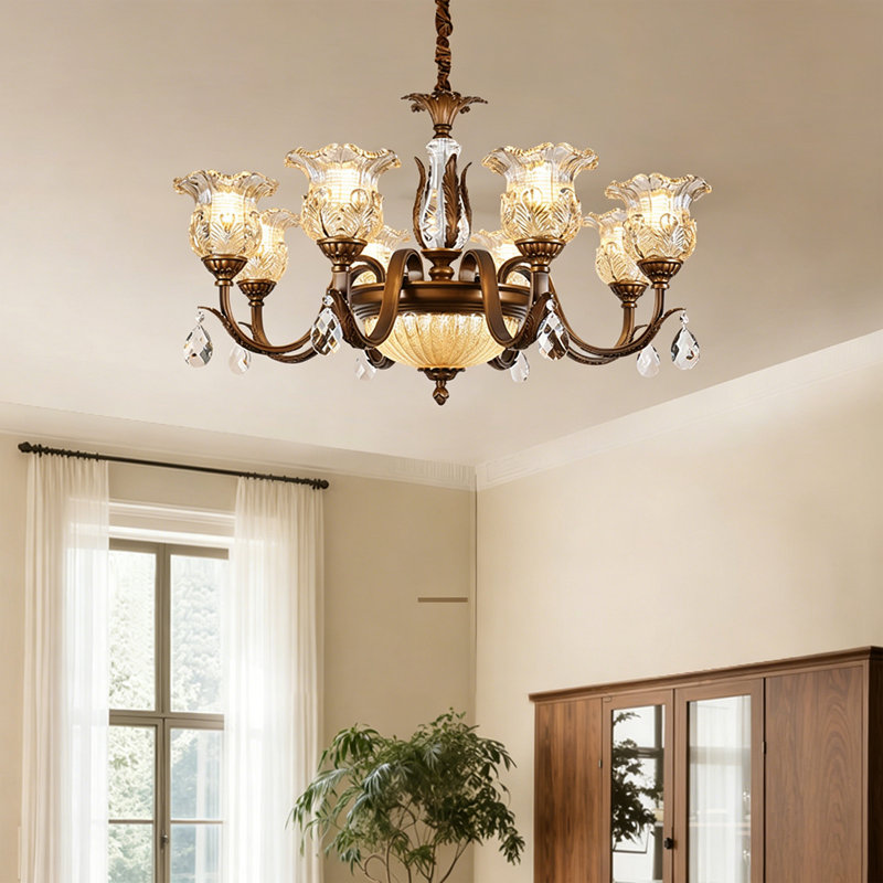 Lustre 33,86 po American Vintage, luminaire suspendu en fer forgé 8 lumières, éclairage de salon