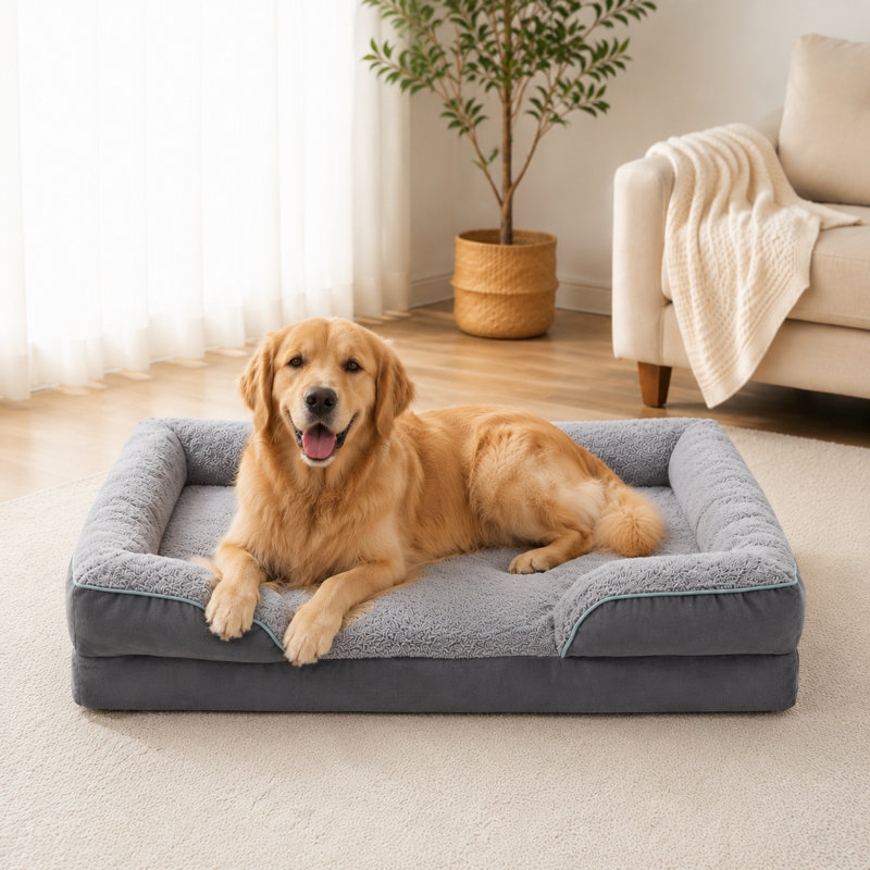 Canapé-lit orthopédique pour chien en mousse à mémoire de forme avec traversin de soutien, housse lavable amovible et support articulaire
