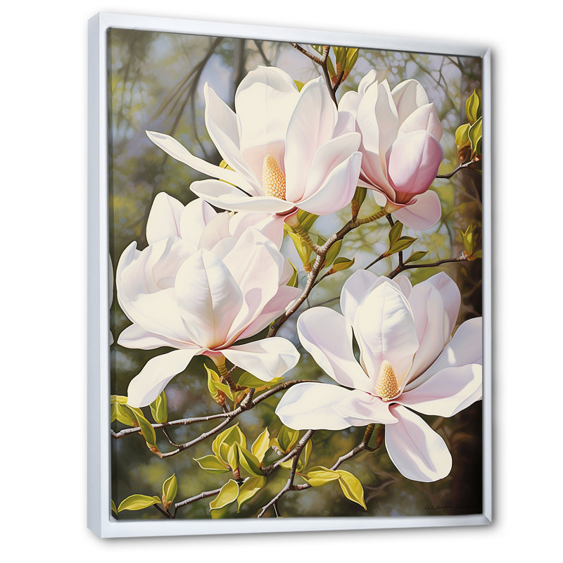 Blanc et rose magnolia tranquillité - impression, H 32 po x l 24 po x P 1 po, Cadre flottant blanc