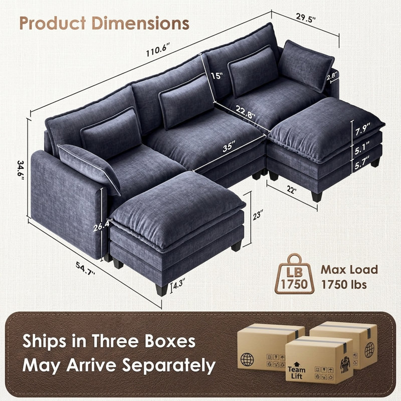 Canapé modulaire en chenille surélevé en forme de U de 111 po avec 2 repose-pieds mobiles en forme de U et 111 po avec 5 coussins pour le salon, bleu