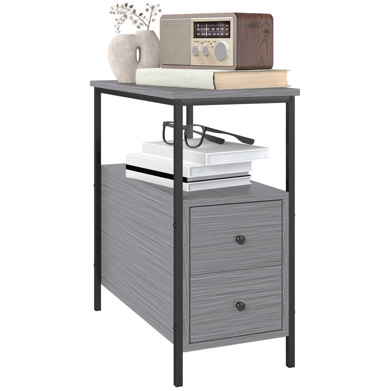 HOMCOM Side Table Narrow Bedside Table with 2 Drawers Grey Wood Grain