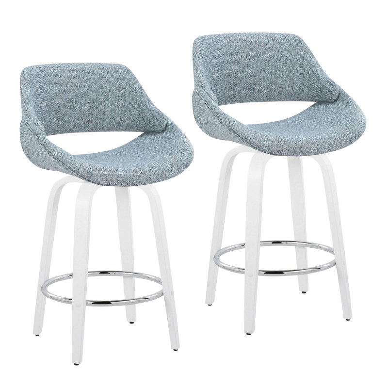 Tabouret de comptoir à hauteur fixe avec pivot en bois blanc et tissu bleu avec repose-pieds rond chromé - ensemble de 2