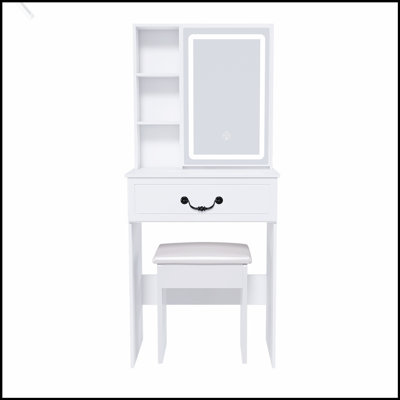 Mini coiffeuse moderne avec miroir éclairé à DEL et rangement dissimulé, tabouret rembourré, bureau de coiffeuse à luminosité réglable, tablettes à plusieurs niveaux résistantes à la poussière