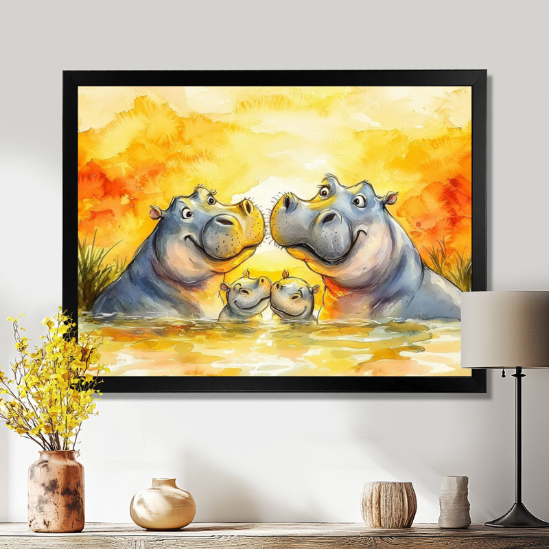 Famille d'hippopotame en Afrique I - impression d'art mural hippopotame, H 12 po x l 20 po, Noir