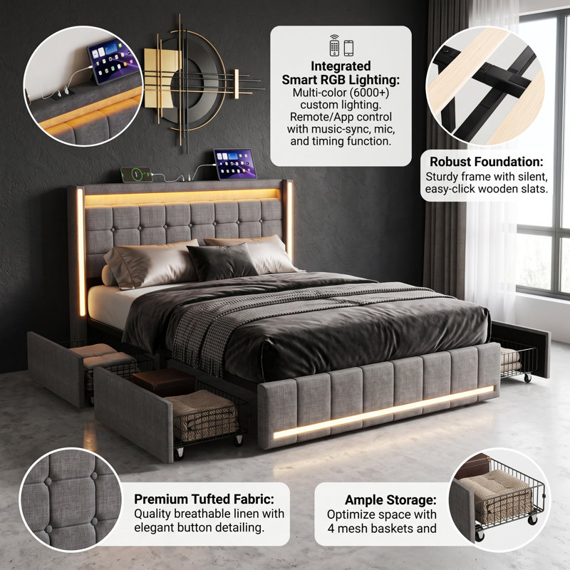 UK&EU Size Smart Linen Bed Frame with App-Controlled LED Lights, Upholstered Storage Bed with 4 Drawers & USB Charging Station, Grey & Beige