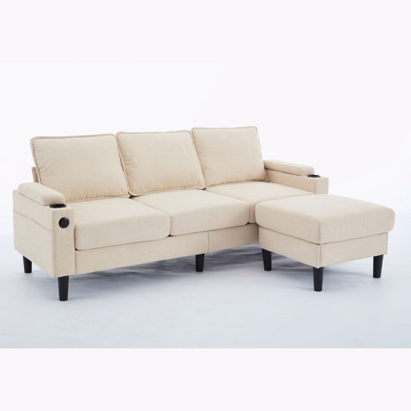 3-Seater Sofa with Storage Ottoman, Beige Linen