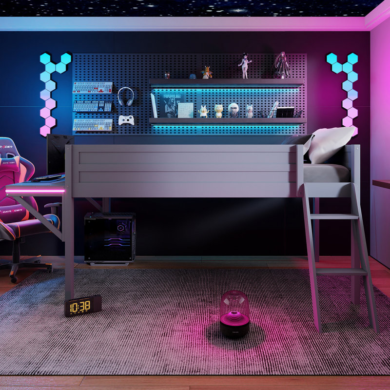 Lit mezzanine en bois innovant avec bureau intégré et éclairage à DEL, parfait pour les jeunes joueurs à la recherche d'un espace fonctionnel et excitant