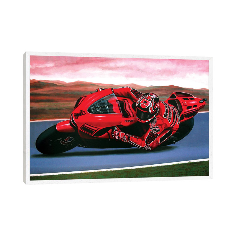 Casey Stoner On Ducati by Paul Meijering - Painting on Canvas, White Framed, 66.04 cm H x 45.72 cm W