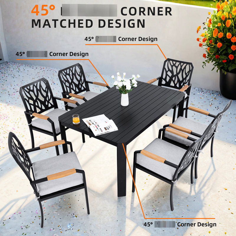 Patio extérieur en aluminium 5 pièces, 4 chaises avec découpes en forme de branche, coussins en fonte, parasol de table, chaises confortables et modernes, conception rectangulaire, structure résistante aux intempéries
