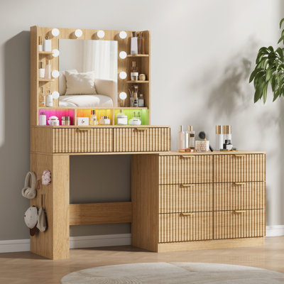 56"W Fluted Makeup Vanity With Lights and Mirror &  Charge Station