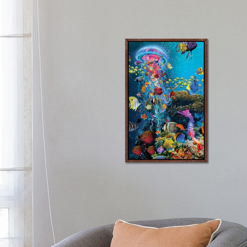 Electric Jellyfish At The Reef by David Loblaw - Print on Canvas, Classic Brown Wood Framed, 66.04 cm H x 45.72 cm W