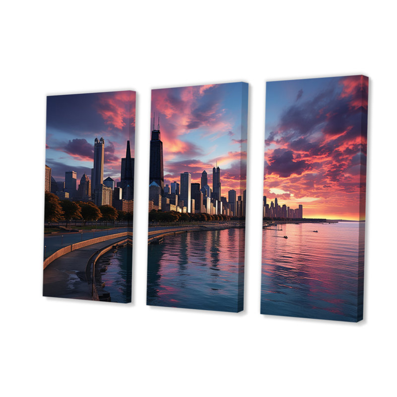 " Chicago Cityscape By Night III " 3 - Pieces, 28" H x 36" W x 1" D